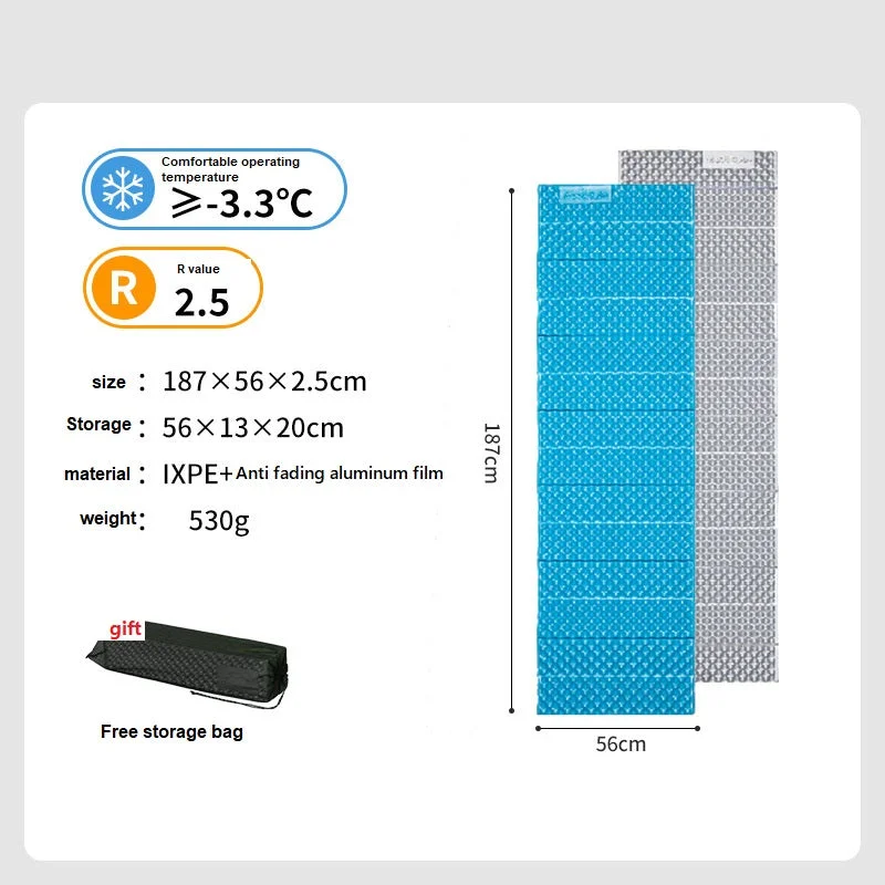 Foldable camp saw-2.5cm thick NH thickened egg trough pad, egg nest pad, moisture-proof pad, seat cushion Name: Thick Folding Egg Nest Mat Material: IXPE+aluminum foil Folding: 56x13x20cm Weight: Approximately 530g (including straps) Expand: 187x56x2.5cm Color: Blue