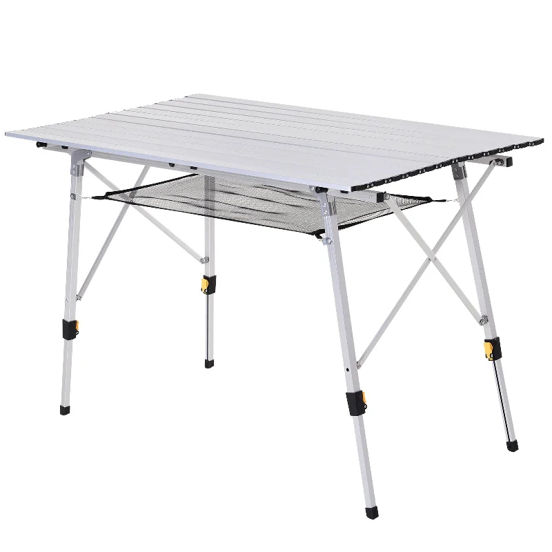 Breathable camp shorts-4FT Folding Aluminium Picnic Table Portable Camping BBQ Table Roll Up Top Mesh Layer Rack with Carrying Bag