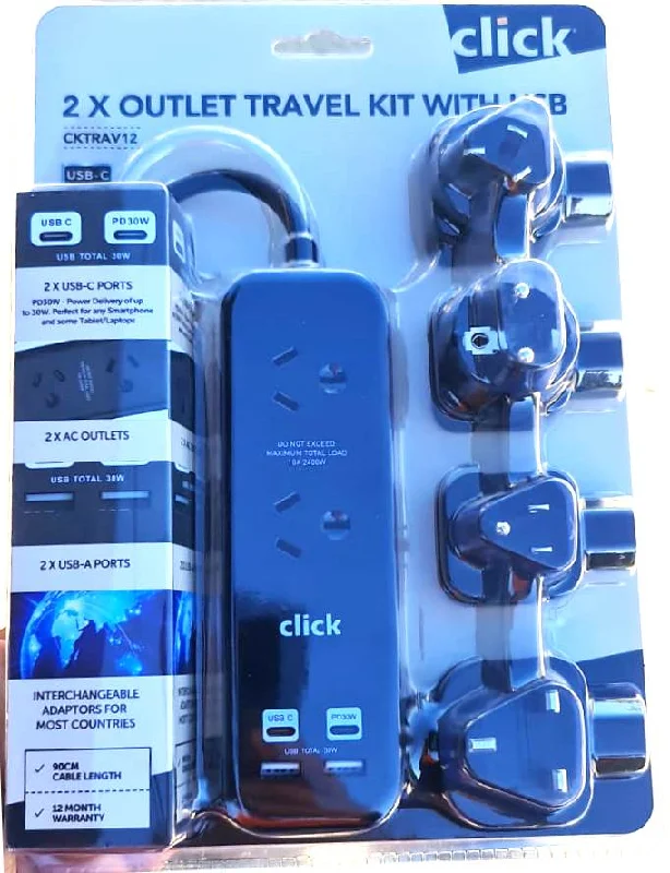 Quick-dry hiking boots-Click 2 outlet Travel Kit With 2 USB-C Ports/Max Load 2400W 10A