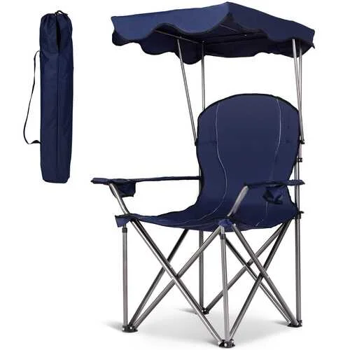 Foldable camp pickaxe-Portable Folding Beach Canopy Chair with Cup Holders-Blue