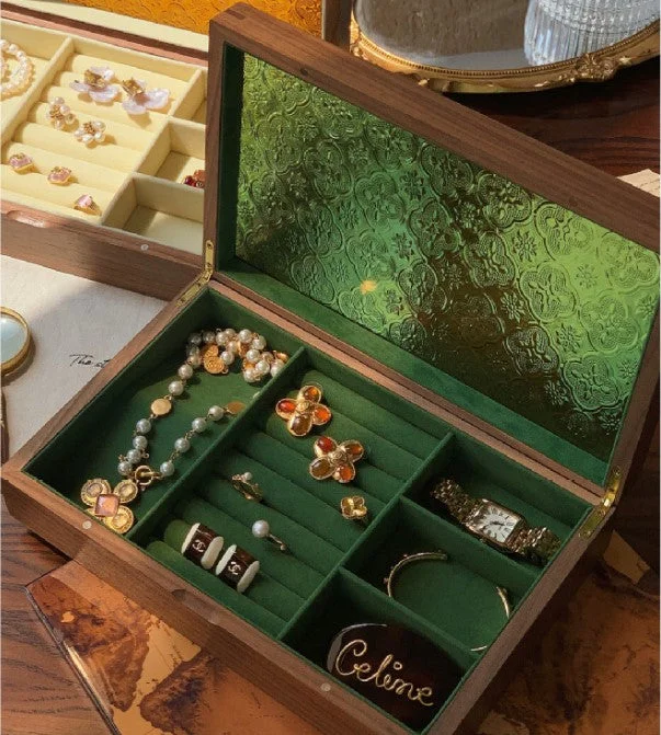 Durable polyester travel bag-Four Happiness Wood Jewelry Box Earrings Necklace Ring Storage Box Solid Wood Retro Glass Jewelry Velvet Bracelet Display