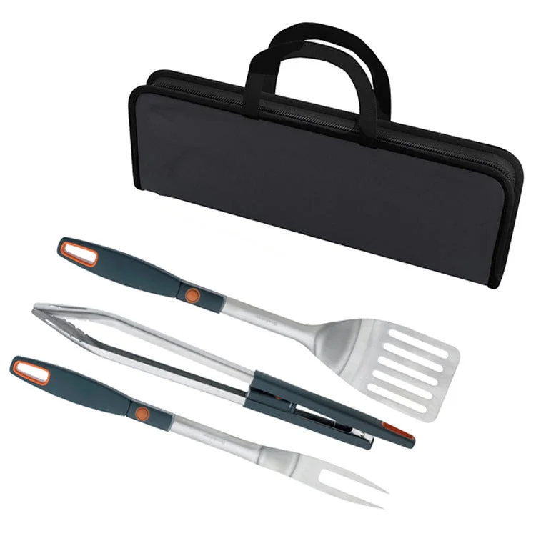 Rechargeable camp beam-Outdoor BBQ stainless steel barbecue fork shovel clip three piece set with LED lights and detachable cleaning accessories BBQ tools