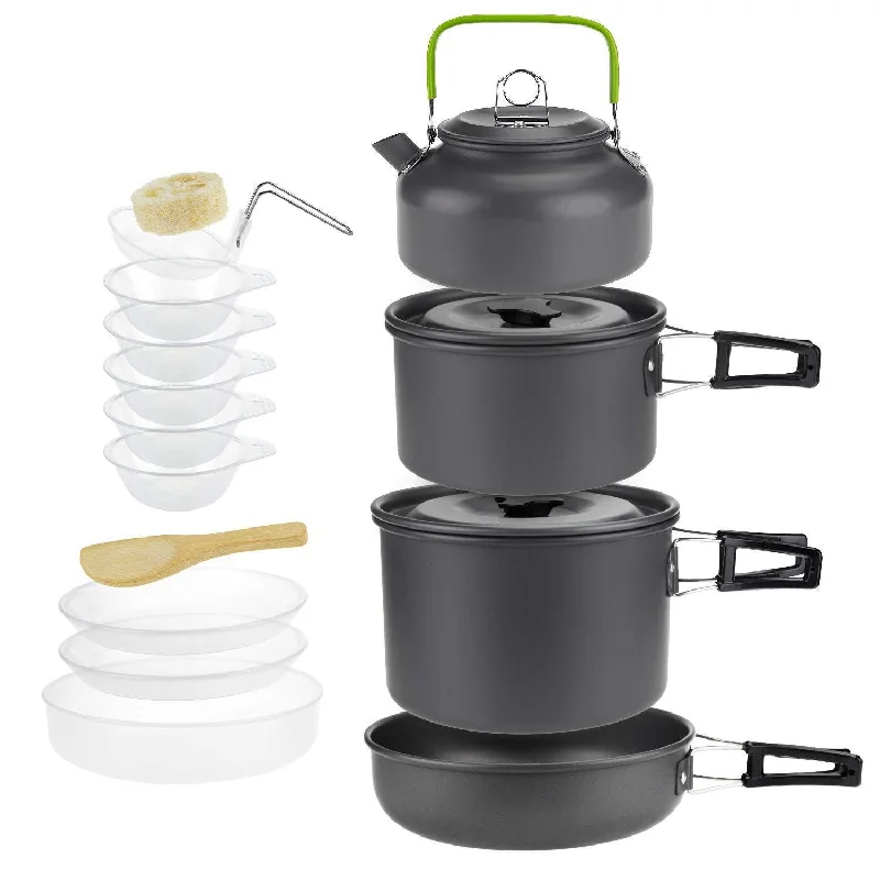 Non-stick griddle pan-Pot set with teapot, stainless steel cup, plate, meal bag set, portable camping cookware