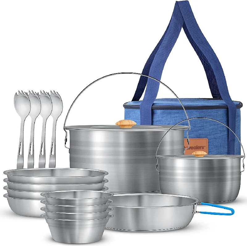 Stainless steel camp pan-Camping Cookware & Dinnerware Set - 17 Pc Stainless Steel Pots and Pans Set with Plates, Bowls & Sporks in Travel Mesh Bag for Camping, Trekking, Backyard Picnic & Backpacking Gear