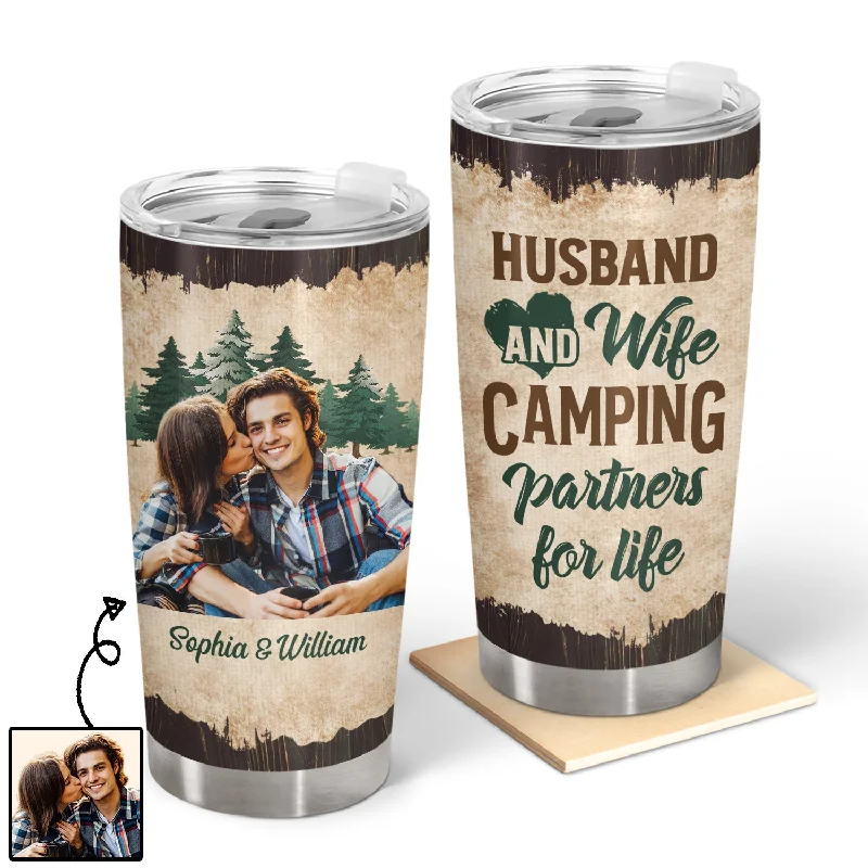 Insulated camp thermos-Custom Photo Camping Partners For Life - Birthday, Anniversary Gift For Spouse, Husband, Wife, Couple - Personalized Tumbler