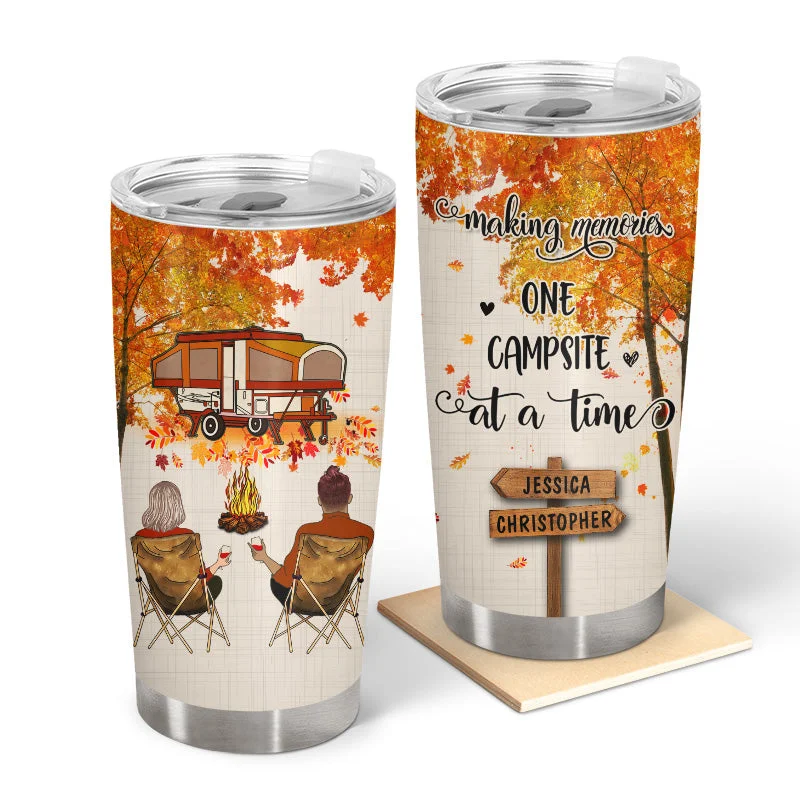 Portable camping shower-Fall Camping Young Couple Making Memories - Personalized Custom Tumbler