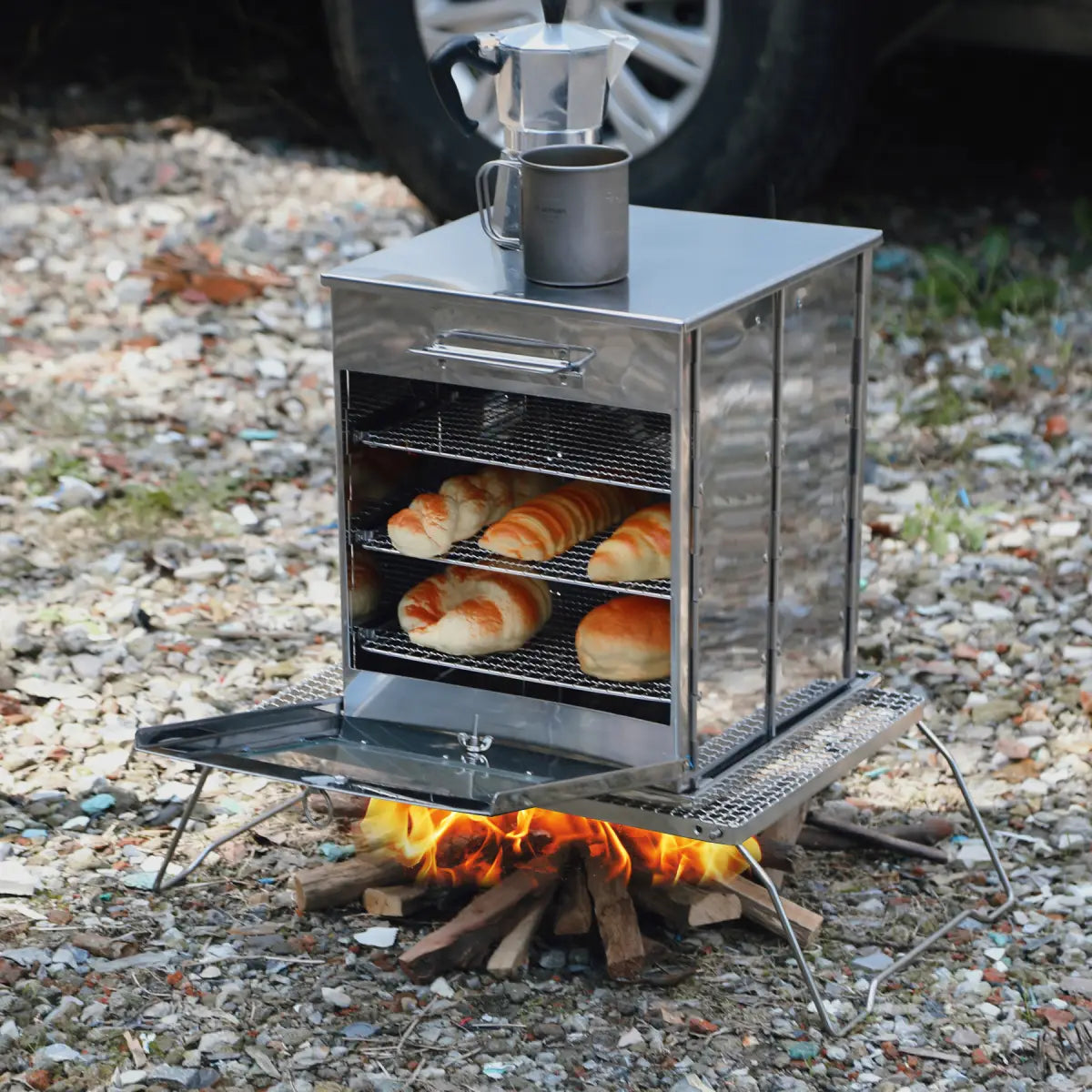 Solar-powered motion light-Foldable Stainless Steel Camping Oven with 3 Tier Grill for Propane Stove Baking Outdoor Cooking