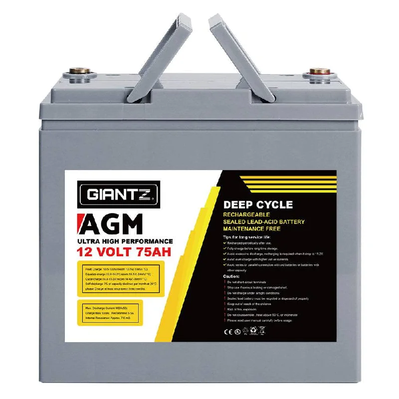 Compact fire flint-Giantz 75Ah Deep Cycle Battery 12V AGM Marine Sealed Power Portable Box Solar Caravan Camping