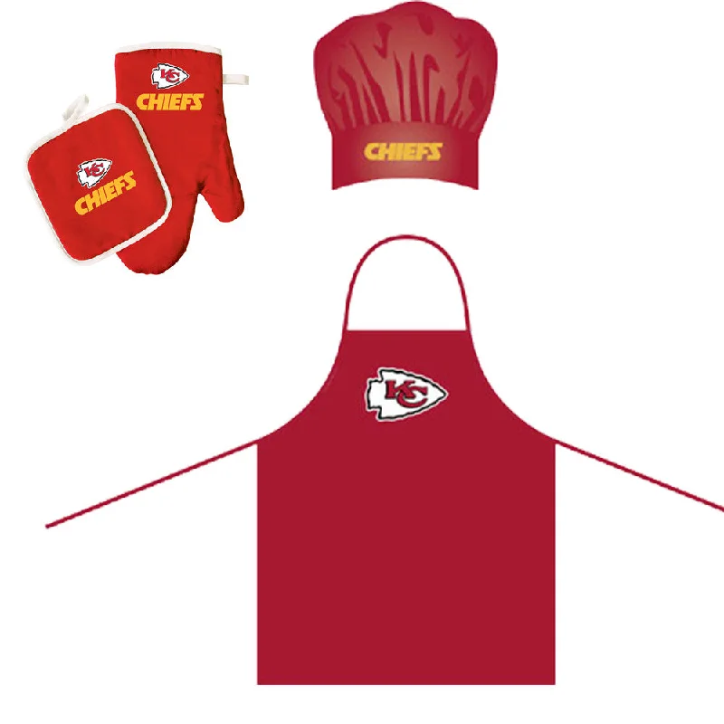 Windproof camp cooker-Kansas City Chiefs NFL Barbeque Apron , Chef's Hat and Pot Holder Deluxe Set