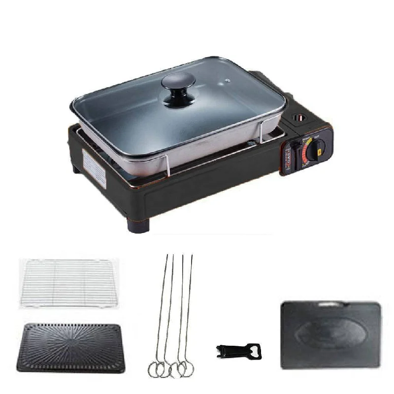 Lightweight canopy shelter-Portable Gas Stove Burner Butane BBQ Camping Gas Cooker With Non Stick Plate Black with Fish Pan and Lid