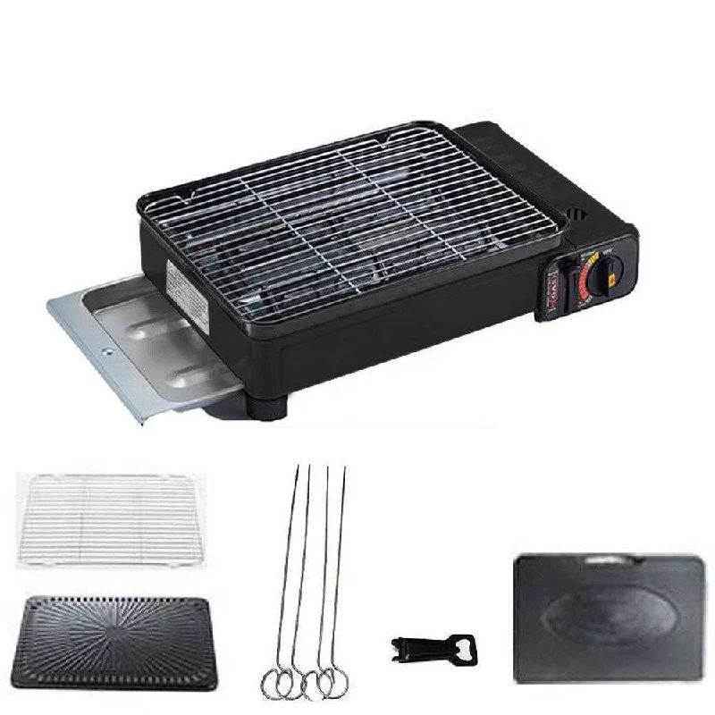 Windproof jet stove-Portable Gas Stove Burner Butane BBQ Camping Gas Cooker With Non Stick Plate Black without Fish Pan and Lid