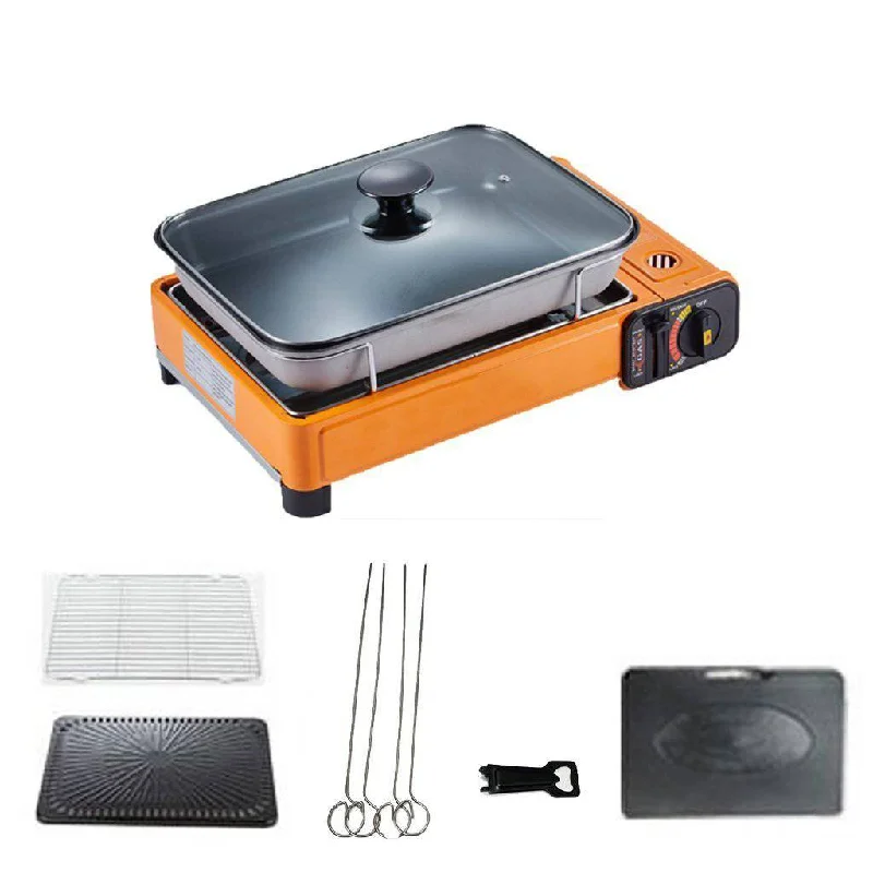 Foldable camp trowel-Portable Gas Stove Burner Butane BBQ Camping Gas Cooker With Non Stick Plate Orange with Fish Pan and Lid