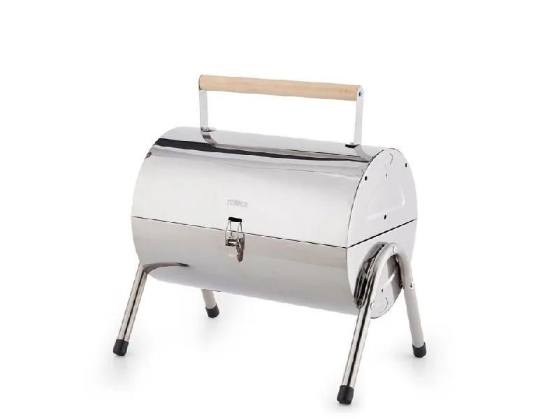 Compact fire striker-Stealth Stainless Steel Portable Charcoal BBQ with Wooden Carry Handle